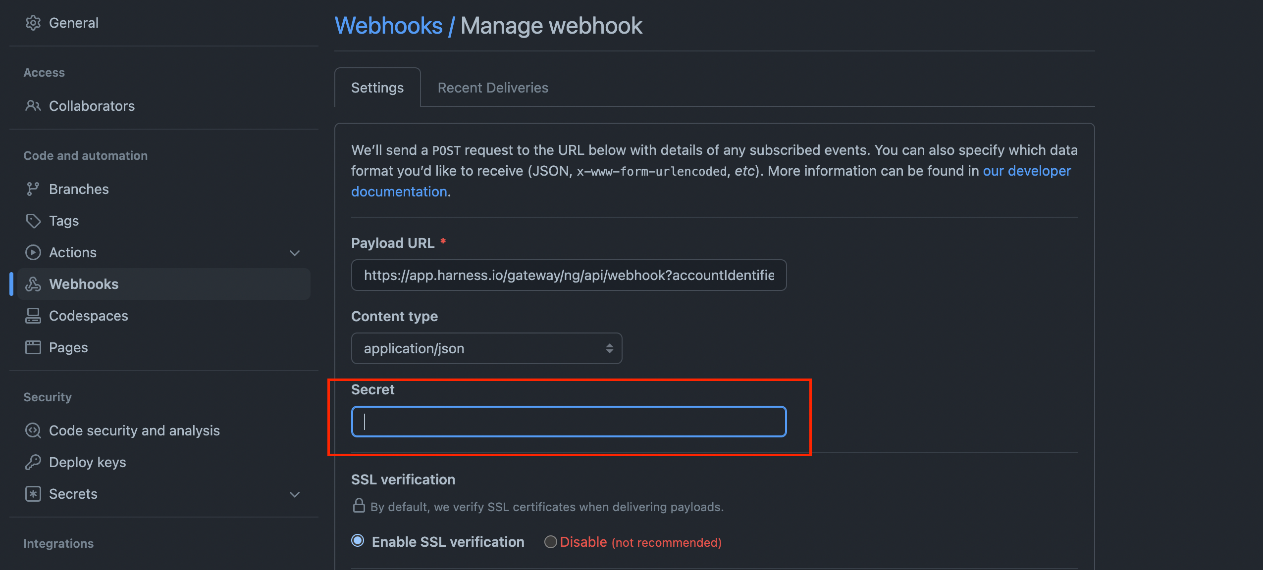 GitHub repo secret settings.